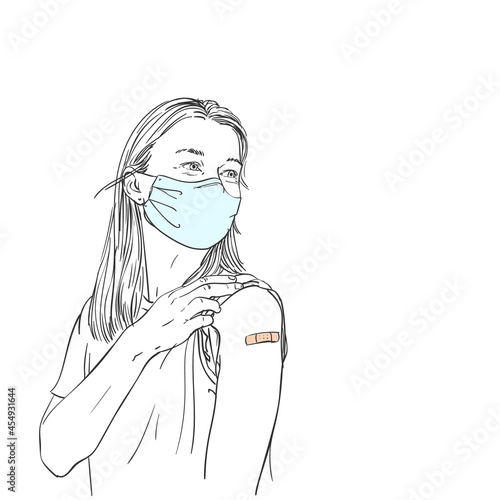 Vaccinated people illustration, Portrait of female in mask after getting vaccine, Vector sketch, Caucasian woman with bandage on her arm after receiving vaccination, Hand drawn graphics