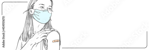 People after vaccination illustration long web banner with copyspace for text, Young female in mask showing bandage on her arm after receiving vaccine shot, Vector sketch, Hand drawn graphic