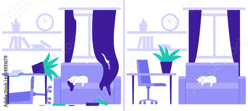 Dirty, messy and clean room at home before and after cleanup. Chaos, untidy home, clutter from cat and clean tidy house. House cleaning services. Vector illustration