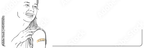 Vaccinated people long web banner with empty place for text, Portrait of young female smiling after getting vaccine during covid-19 immunization program, Vector sketch, Hand drawn graphic
