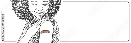 Vaccinated people illustration long web banner with copy space for text, Young happy black woman looking her arm after receiving vaccine during covid-19 immunization program, Vector sketch, Hand drawn