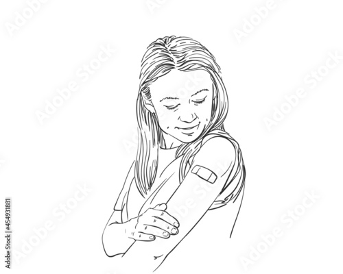 Vaccinated people illustration, Young female looking her arm after vaccination during covid-19 immunization program, Vector art sketch, Caucasian woman with plaster on shoulder, Hand drawn