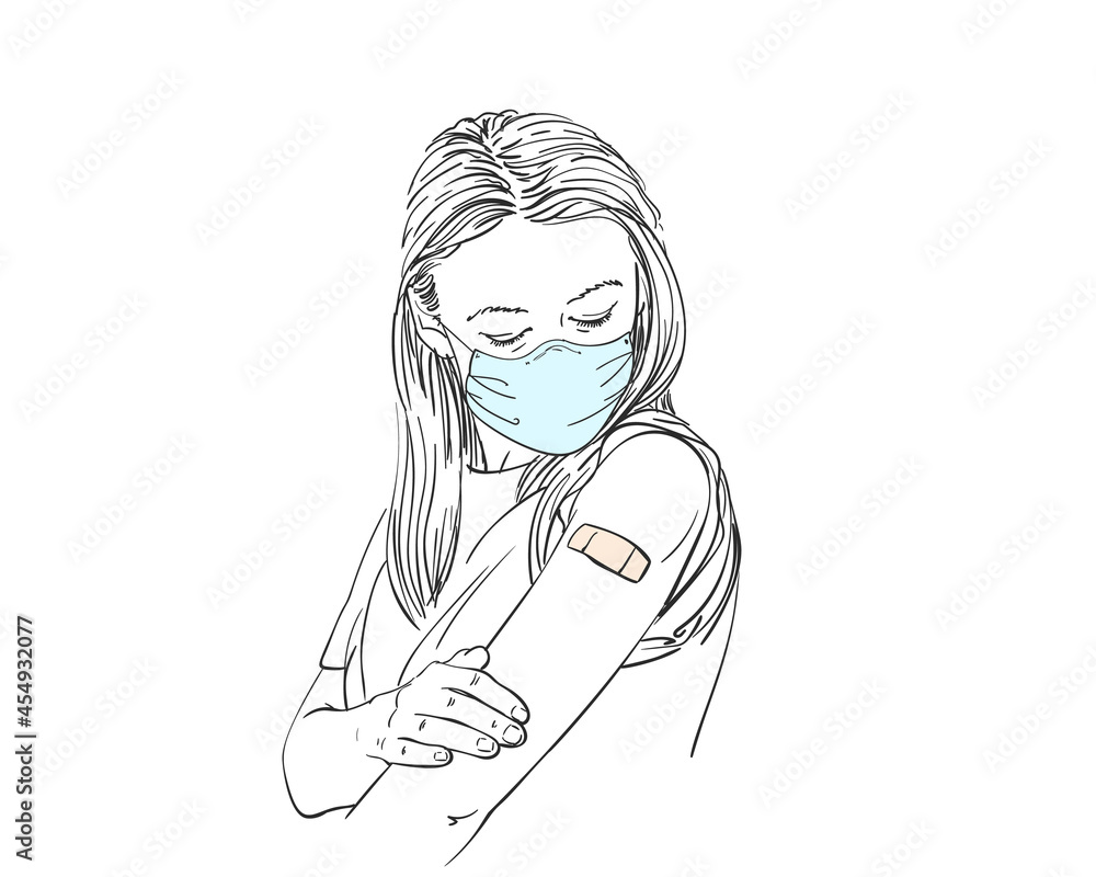 Vaccinated people illustration, Portrait of caucasian woman in mask after receiving vaccination, Vector sketch, Hand drawn graphics Vaccinated people illustration, Portrait of caucasian woman in mask after receiving vaccination, Vector sketch, Hand drawn graphics