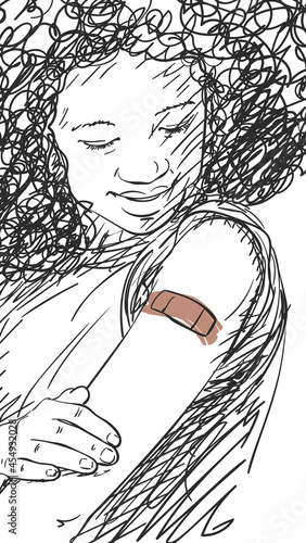 Vaccinated black people illustration, Young black woman looking her arm after receiving vaccine shot, Vector sketch, Afro female with bandage on her arm, Hand drawn vertical illustration