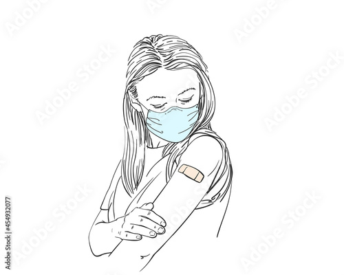 Vaccinated people illustration, Portrait of caucasian woman in mask after receiving vaccination, Vector sketch, Hand drawn graphics