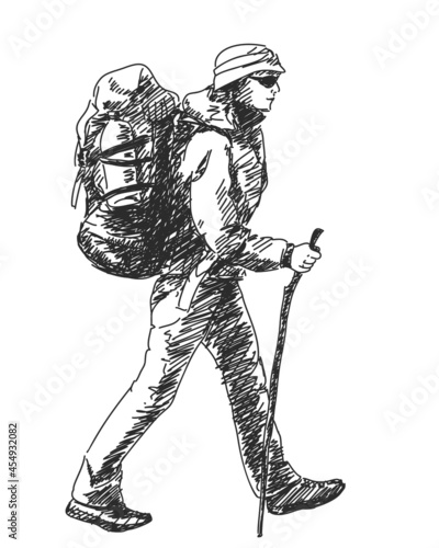 Trekking woman with big backpack and stick isolated vector sketch, Outdoor activity people, Hand drawn illustration