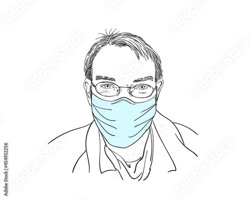 Man in medical face mask and eyeglasses vector drawing, Hand drawn illustration male portrait, Sketch coronavirus pandemic new normal, People in mask