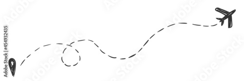 Airplane routes vector sketching icon of air plane flight path with start point and dash line trace, Travel vector icon simple hand drawn