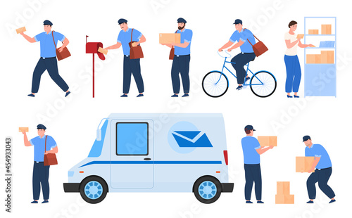 Collection postman delivery parcel vector illustration postal workers envelope, box, package