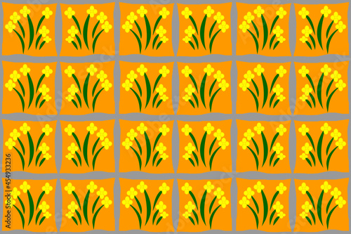 Fototapeta Naklejka Na Ścianę i Meble -  Yellow bouquet in cute seamless grid on orange background for fashion fabric and floral wallpaper.