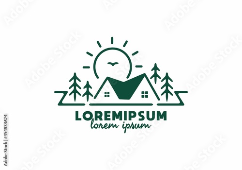 House and big sun line art illustration with lorem ipsum text