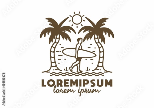 Surfer and coconut tree line art with lorem ipsum text