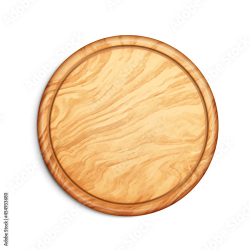 Pizza Board Accessory For Food Top View Vector. Round Wooden Pizza Board In Circular Shape Tray For Tasty Fresh Cooked Nutrition. Wood Desk For Meal Mockup Realistic 3d Illustration
