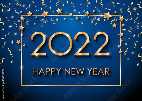 2022 Happy New Year text for greeting card, with gold glitter stars and confetti, calendar. Vector illustration.