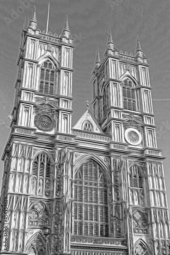 Westminster Abbey's facade in black and white ,London, UK.