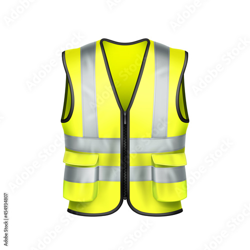 Safety Vest Driver Protection Clothing Vector. Yellow Safety Vest Driving Car Clothes Accessory And Wearing For Protect Life On Street. Protective Jacket Clothing Mockup Realistic 3d Illustration