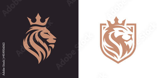 Royal king lion crown symbols. Elegant gold Leo animal logo. Premium luxury brand identity icon set. Vector illustration. photo