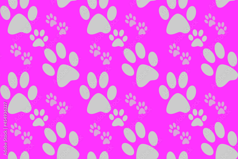 Seamless gray dog or cat footprint wallpaper with pink background, cute pattern for pet lovers, fashion fabric pattern and animal lovers product pattern in cartoon style.