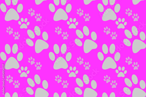 Seamless gray dog or cat footprint wallpaper with pink background, cute pattern for pet lovers, fashion fabric pattern and animal lovers product pattern in cartoon style.