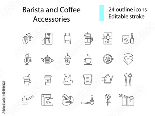 Coffee making appliance outline icons set. Apron, scale, measuring cup. Isolated vector stock illustration