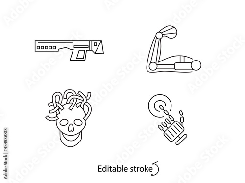 Cyberpunk outline icons set. Futuristic gun. Exoskeleton and bio mechanical arm.