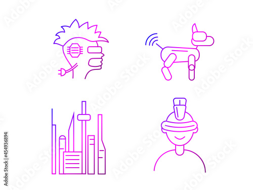 Cyberpunk outline icons set. Futuristic city. Robot dog. People avatar with mohawk
