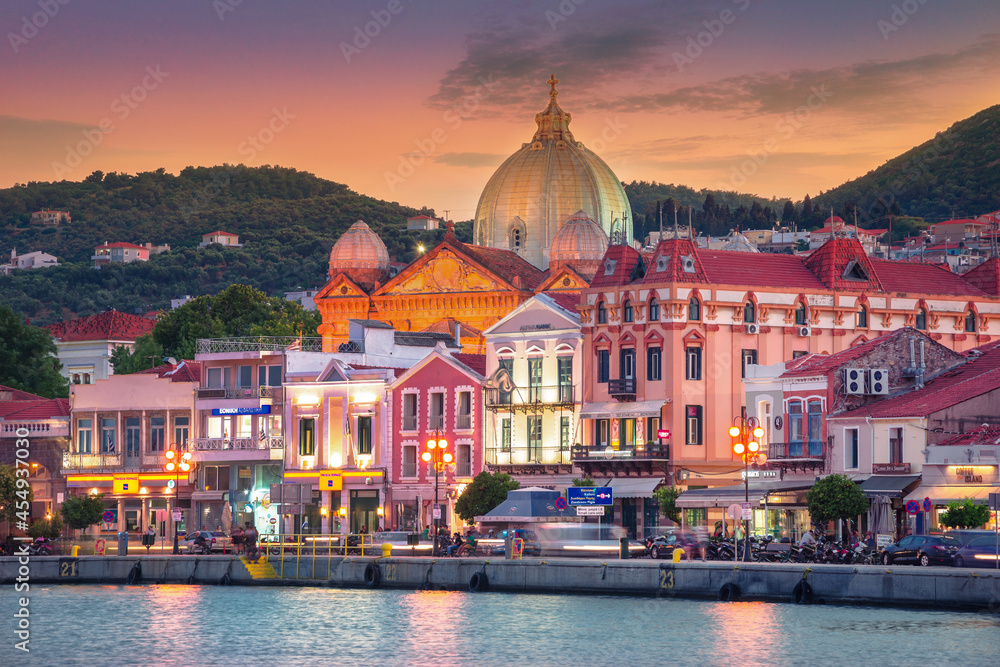 View of Mytilene seaside port with cathedral of Agios Therapontas, Lesvos island, Greece