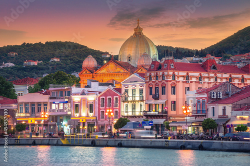 Obraz na płótnie View of Mytilene seaside port with cathedral of Agios Therapontas, Lesvos island, Greece w salonie