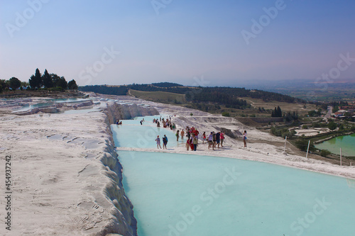 Travertines in Turkey. Calcite cliff of Pamukkale. photo