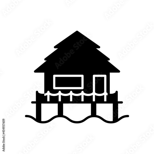 Water house on stilts glyph icon. Maldivian attribute. Coral island. Isolated vector stock illustration