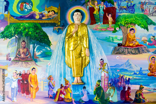 Myanmar. Yangon (Rangoon). Kyaukhtatgyi Pagoda. Fresco telling the life of the Buddha