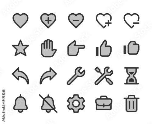 Collection of dichromatic pixel perfect icons: User interface. Set #2.  Built on  base grid of  32 x 32 pixels. The initial base line weight is 2 pixels. Editable strokes