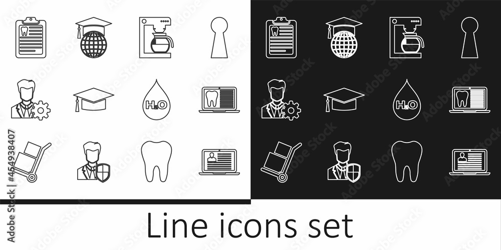 Set line Laptop with resume, dental card, Coffee machine pot, Graduation cap, Profile settings, Clipboard, Water drop H2O and globe icon. Vector