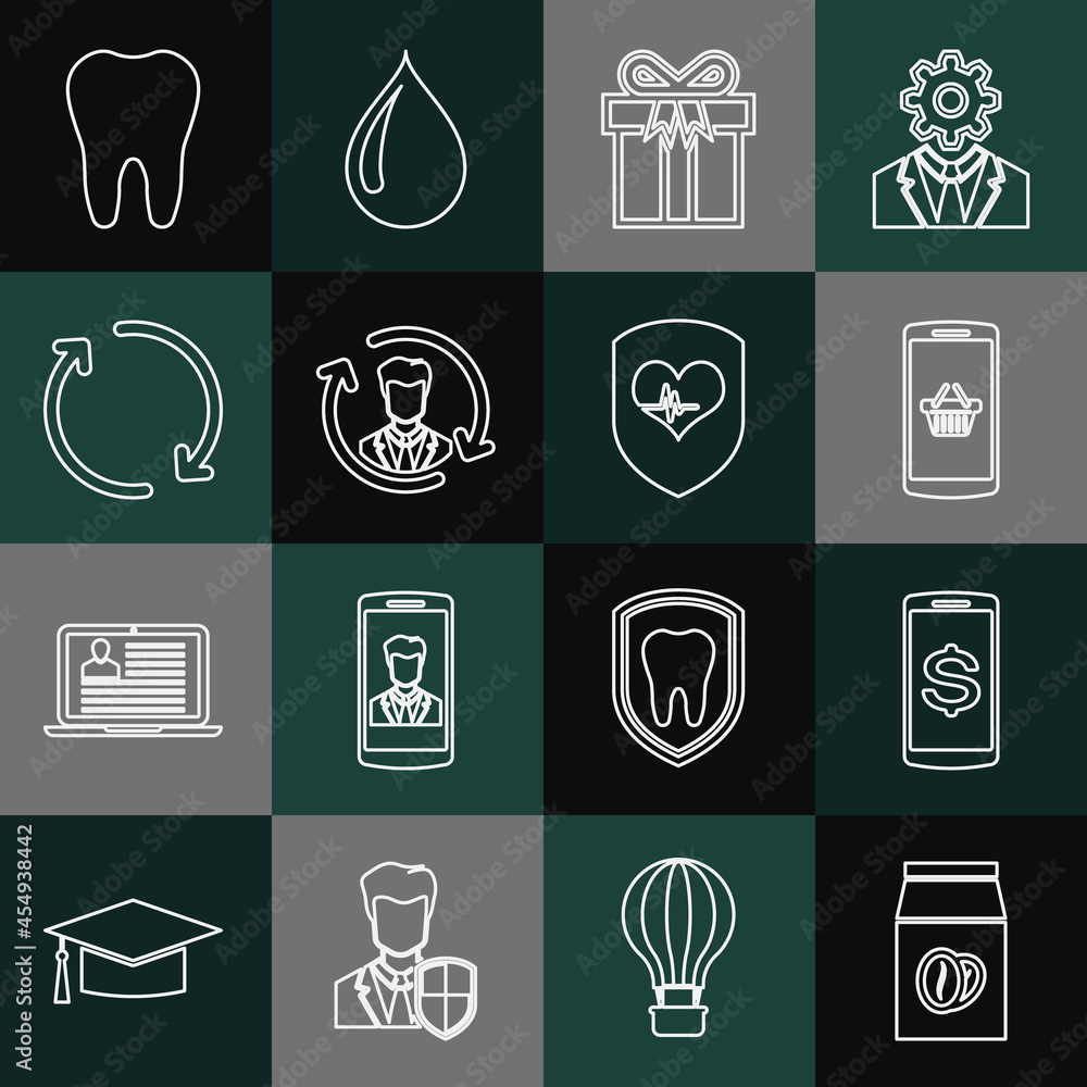Set line Coffee beans in bag, Smartphone with dollar, Shopping basket mobile, Gift box, Human resources, Refresh, Tooth and Shield and heart rate icon. Vector Set line Coffee beans in bag, Smartphone with dollar, Shopping basket mobile, Gift box, Human resources, Refresh, Tooth and Shield and heart rate icon. Vector