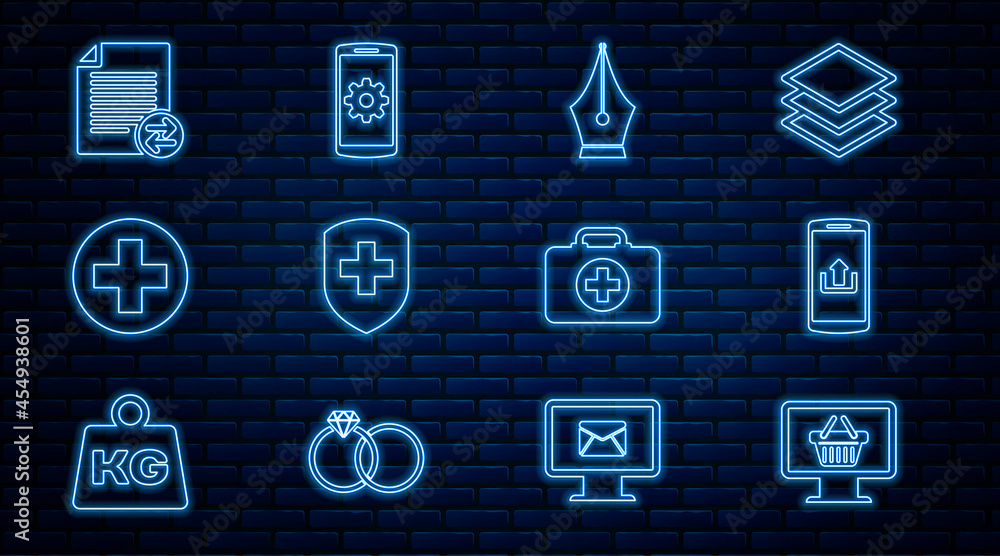 Naklejka premium Set line Monitor with shopping basket, Smartphone upload, Fountain pen nib, Medical shield cross, circle, Transfer files, First aid kit and Setting smartphone icon. Vector