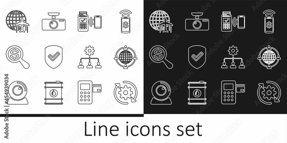 Set line Gear and arrows as workflow, Outsourcing concept, POS terminal, Shield with check mark, Magnifying glass dollar, Globe flying plane, Lead management and Car DVR icon. Vector Set line Gear and arrows as workflow, Outsourcing concept, POS terminal, Shield with check mark, Magnifying glass dollar, Globe flying plane, Lead management and Car DVR icon. Vector