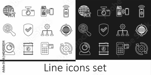 Set line Gear and arrows as workflow, Outsourcing concept, POS terminal, Shield with check mark, Magnifying glass dollar, Globe flying plane, Lead management and Car DVR icon. Vector