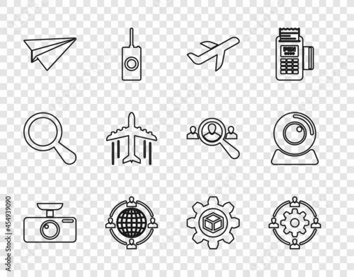 Set line Car DVR, Outsourcing concept, Plane, Paper plane, Product development and Web camera icon. Vector