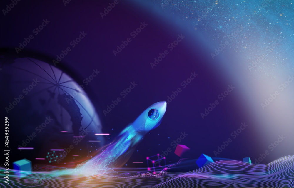 Futuristic Currency Conceptual Photo. Technology of Blockchain and Crypyocurrency. Rocket Take-off  and Released from Earth to Space. Mission to Moon. Startup Company