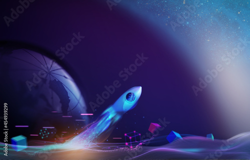 Fototapeta Naklejka Na Ścianę i Meble -  Futuristic Currency Conceptual Photo. Technology of Blockchain and Crypyocurrency. Rocket Take-off  and Released from Earth to Space. Mission to Moon. Startup Company