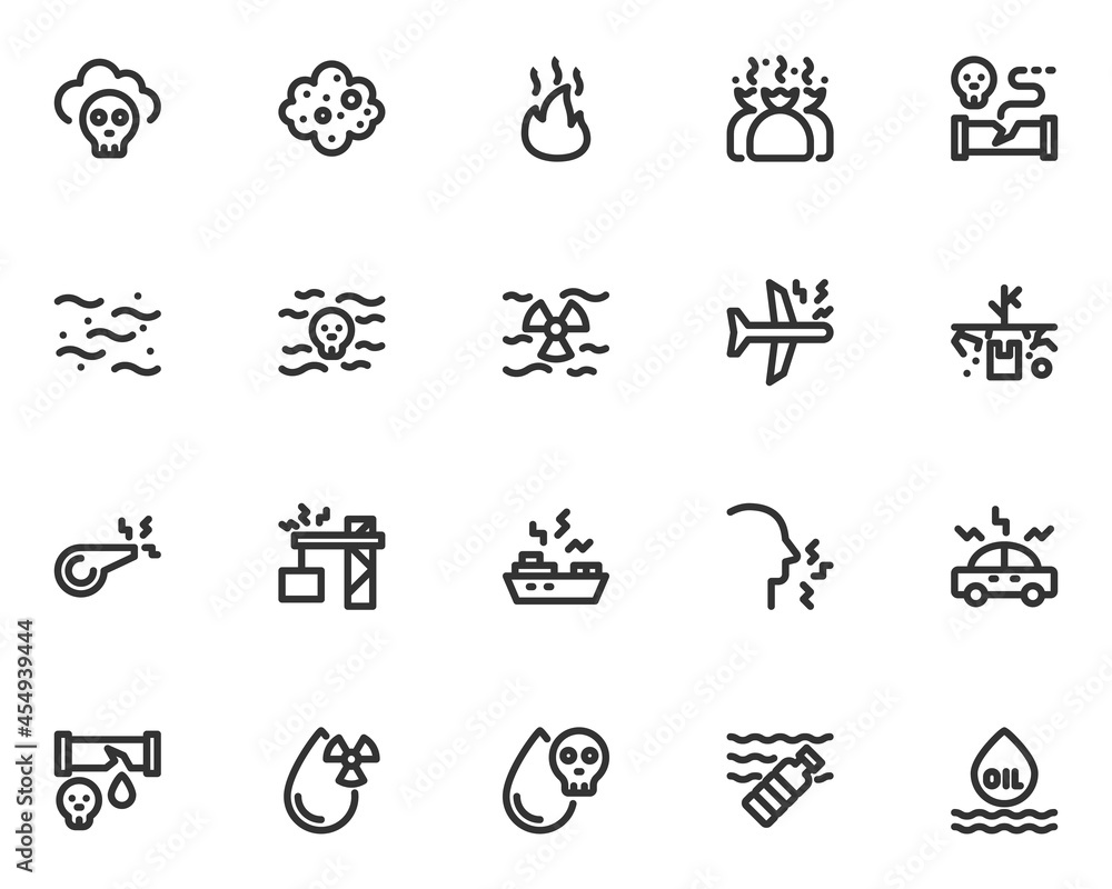 set of pollution line icons, air pollution, dust, drain, industry, noise set of pollution line icons, air pollution, dust, drain, industry, noise