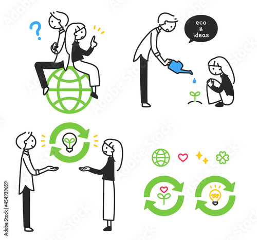 エコとアイデア、リサイクルを考える男性と女性