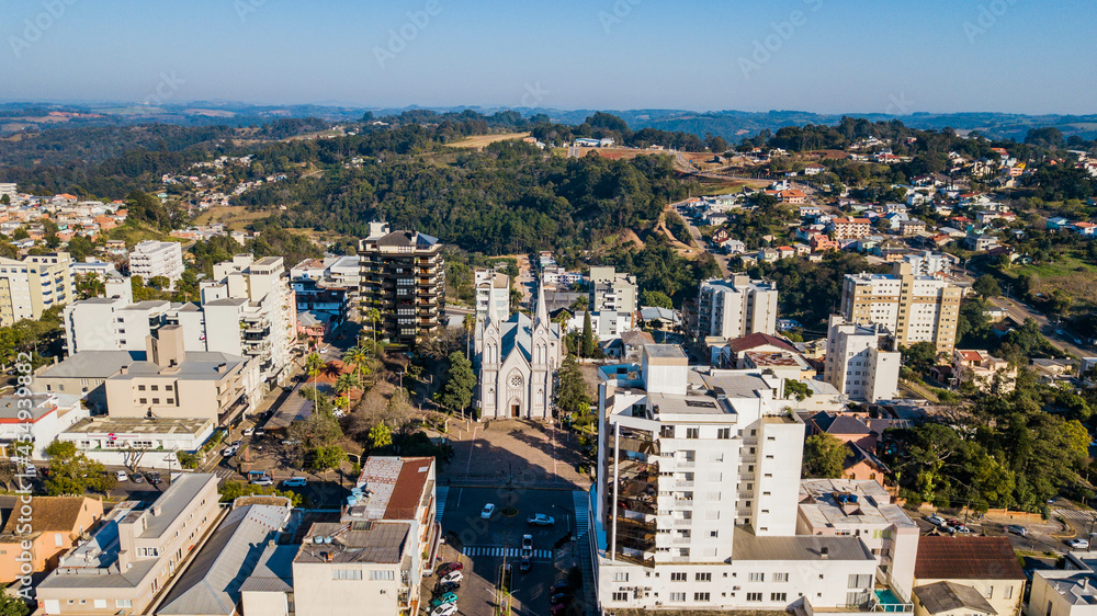 Mother Church of Veranópolis RS. Aerial view of the church and downtown of Veranópolis, Rio Grande do Sul, Brazil