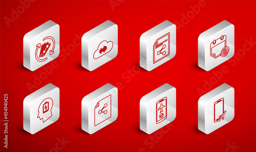 Set line Flight mode in the mobile, Music streaming service, Share file, Financial calendar, Refund money, and Head with low battery icon. Vector