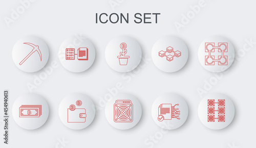 Set line Mining farm, Cryptocurrency bitcoin, Bitcoin plant the pot, Smart contract, Pickaxe, wallet and ASIC Miner icon. Vector