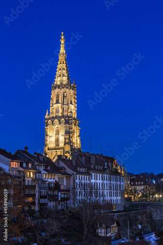 the Minster in the old town of Bern during blue hours, Switzerland.