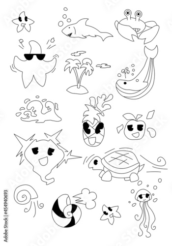 Set of vector cute illustrations with graphic design elements on the theme of the underwater world. Collections of fashionable characters for kids stickers  prints