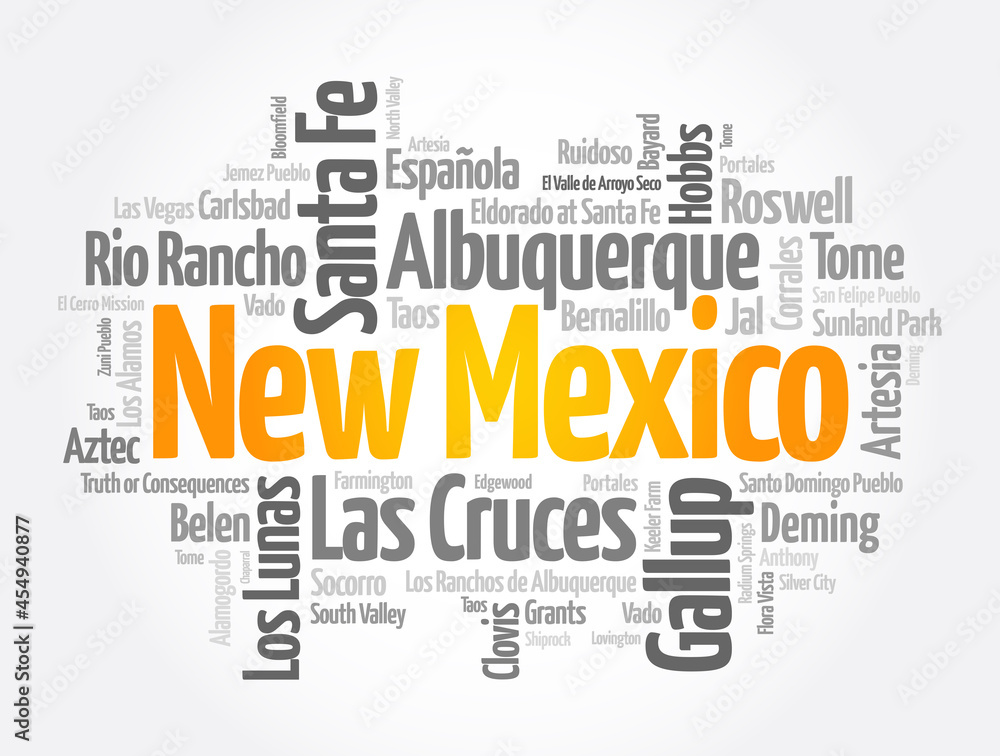 List of cities in New Mexico USA state, word cloud concept background