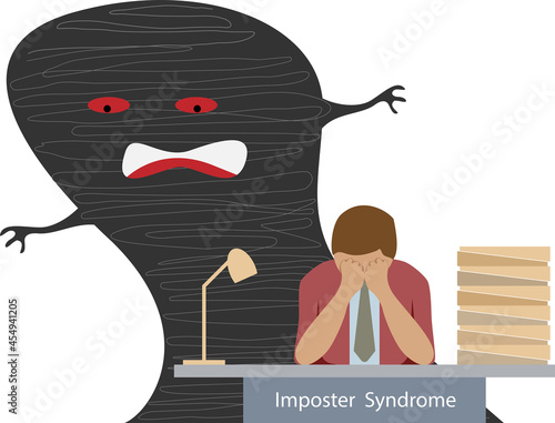 Impostor syndrome problem Man sitting at desk holding his head with a ghastly shadow hidden behind vector photo