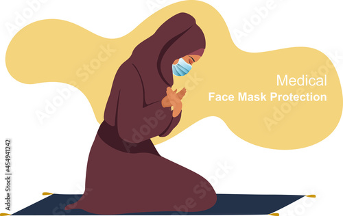 Muslim woman wearing chador dress traditional with hijab and rosary, raising hand to praying and Wearing medical face mask protection COVID-19 or Coronavirus outbreak concept Vector Illustration
